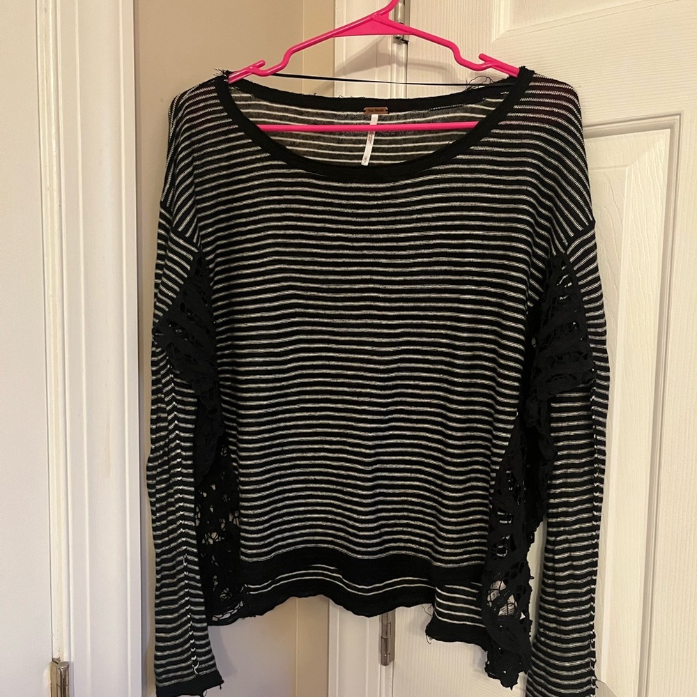 Free People Black and White Boxy Long Sleeve Blouse